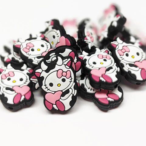 Kitty Cow w/Pink Heart Silicone Focal Bead